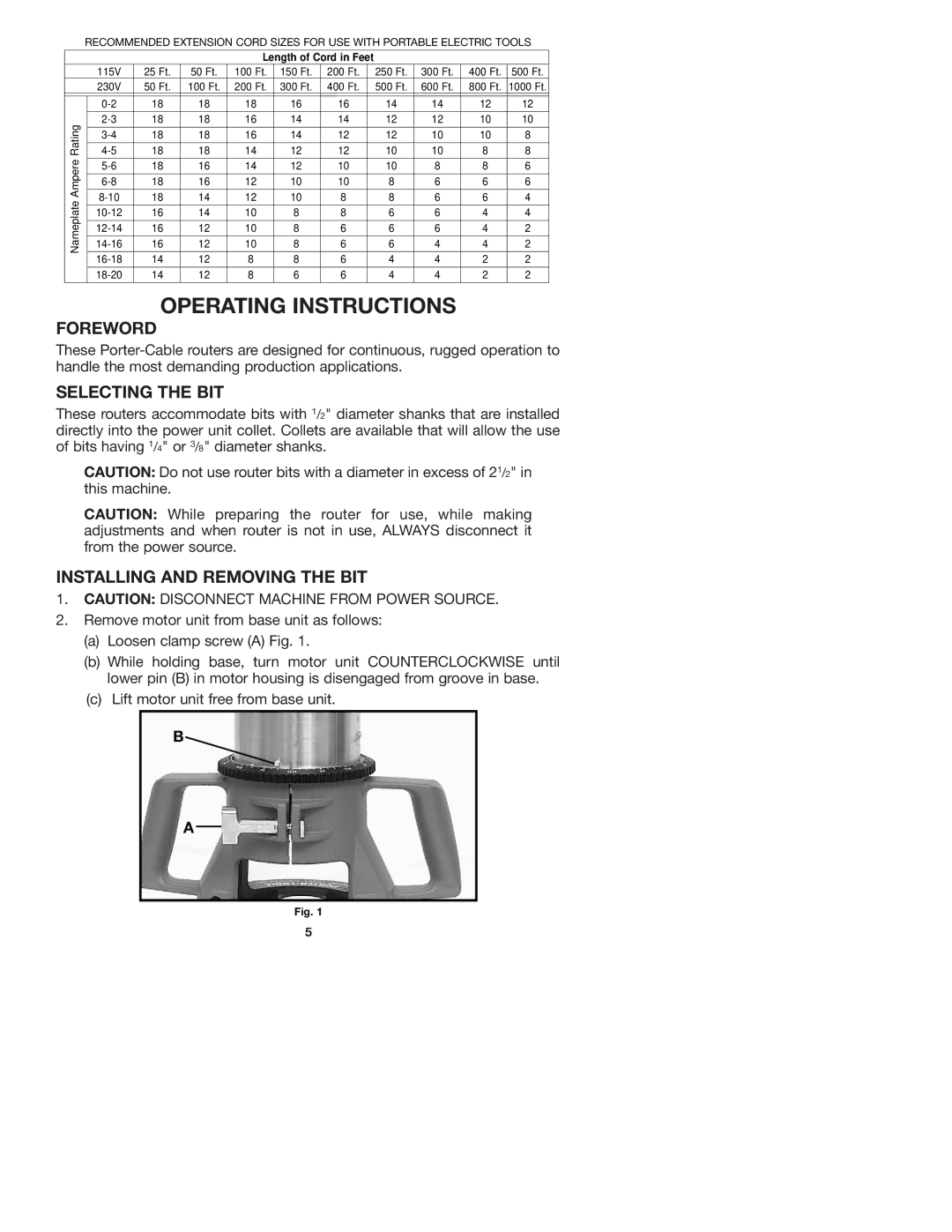 Porter-Cable 7536 instruction manual Operating Instructions, Foreword, Selecting the BIT, Installing and Removing the BIT 