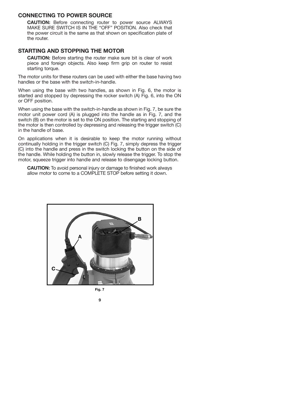 Porter-Cable 7536 instruction manual Connecting to Power Source Starting and Stopping the Motor 