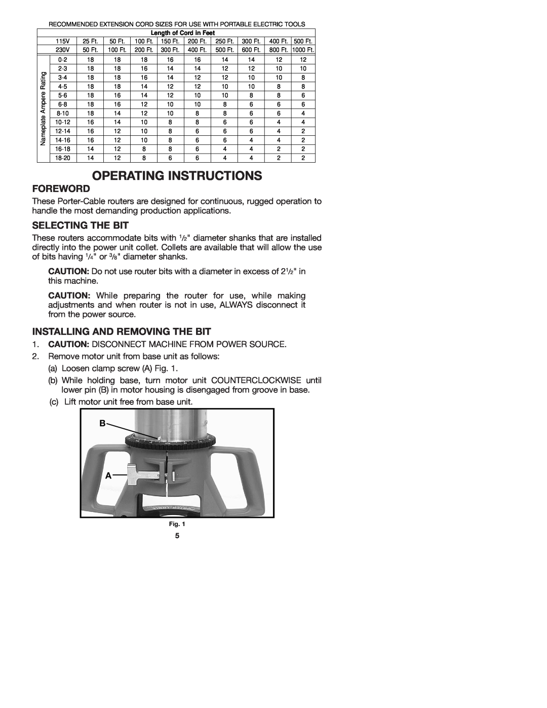 Porter-Cable 7536 instruction manual Operating Instructions, Foreword, Selecting The Bit, Installing And Removing The Bit 