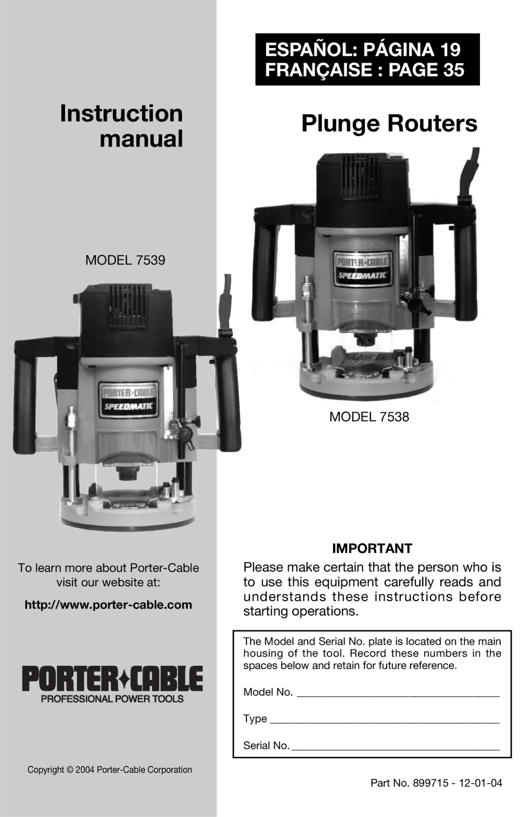 Porter-Cable 7538 instruction manual Manual 