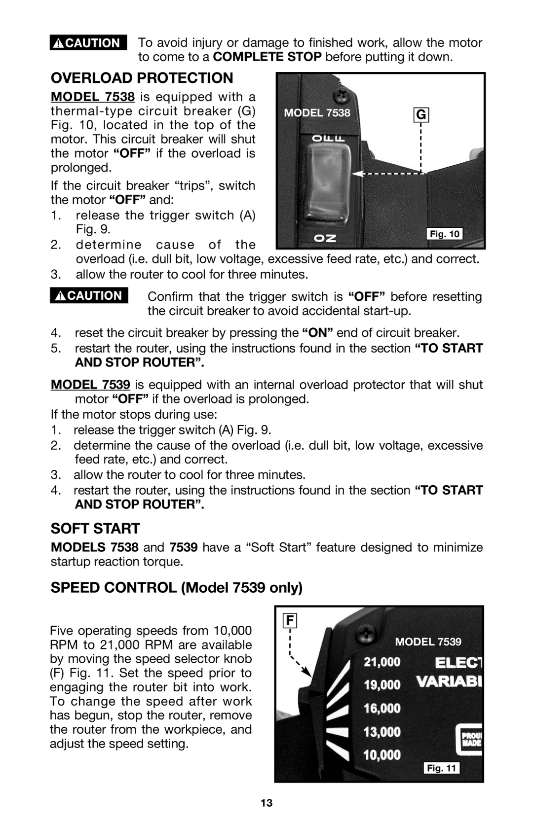 Porter-Cable 7538 instruction manual Overload Protection, Soft Start 