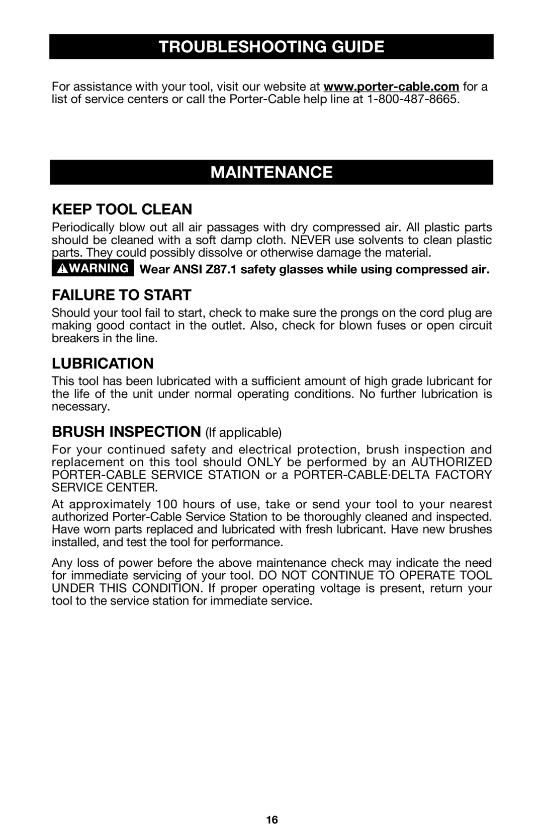 Porter-Cable 7538 instruction manual Troubleshooting Guide Maintenance, Keep Tool Clean, Failure to Start, Lubrication 