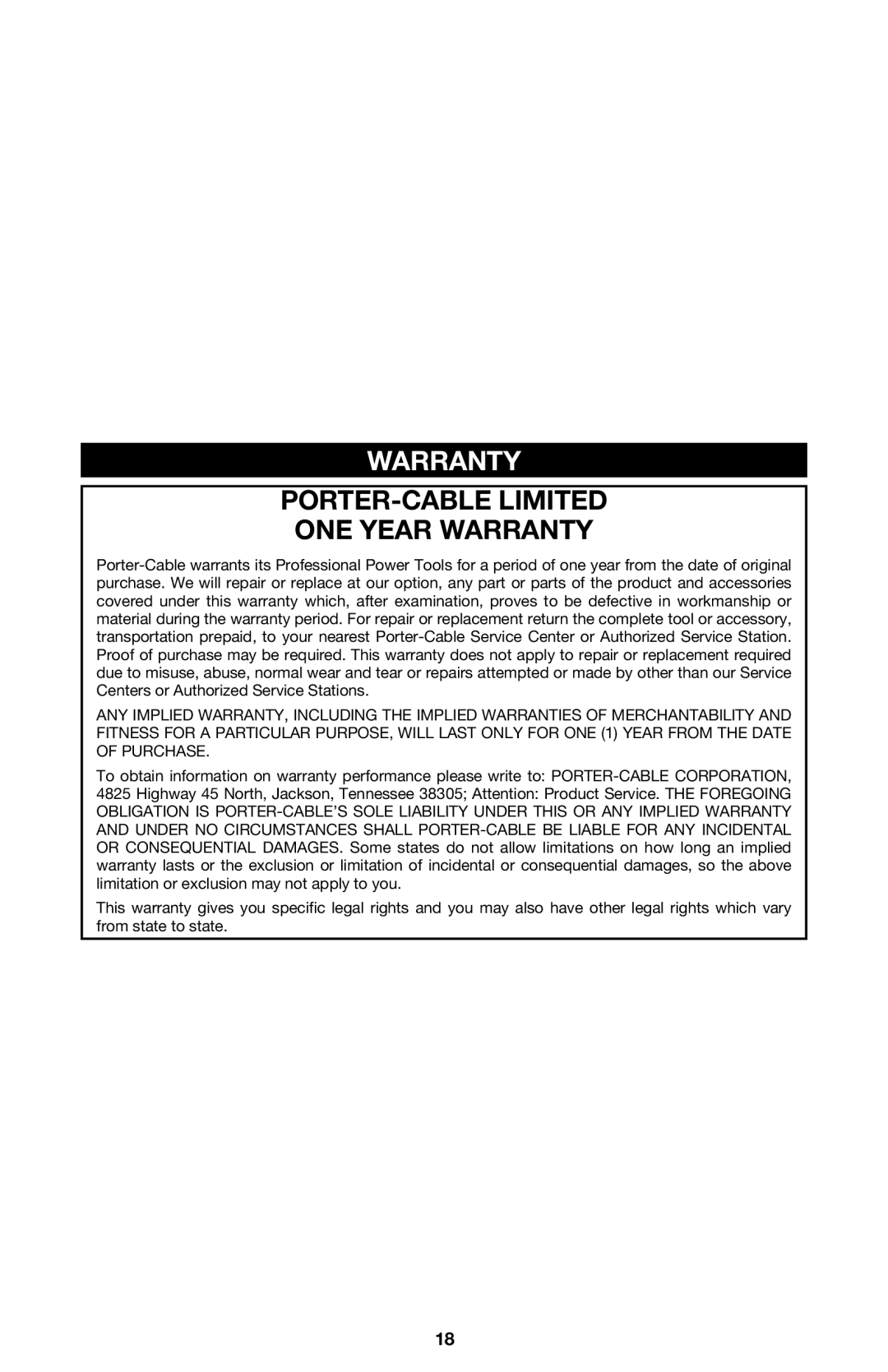 Porter-Cable 7538 instruction manual PORTER-CABLE Limited ONE Year Warranty 