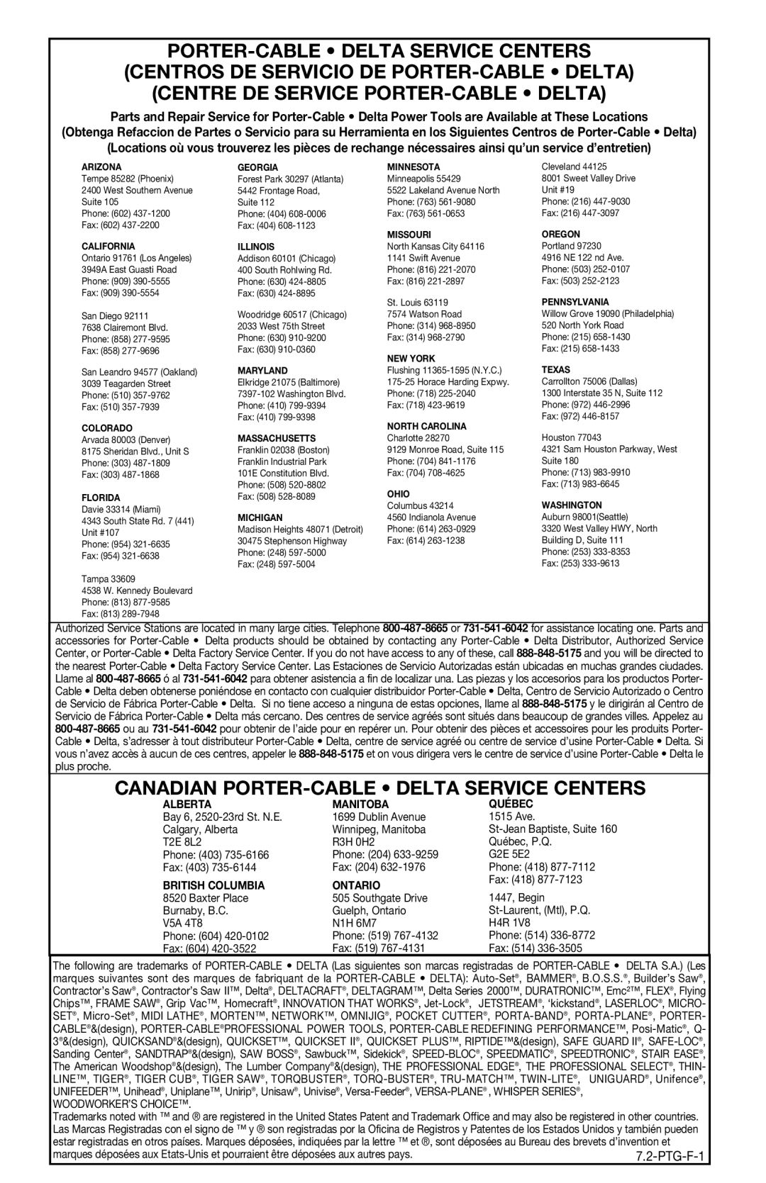 Porter-Cable 7538 instruction manual Canadian PORTER-CABLE Delta Service Centers 