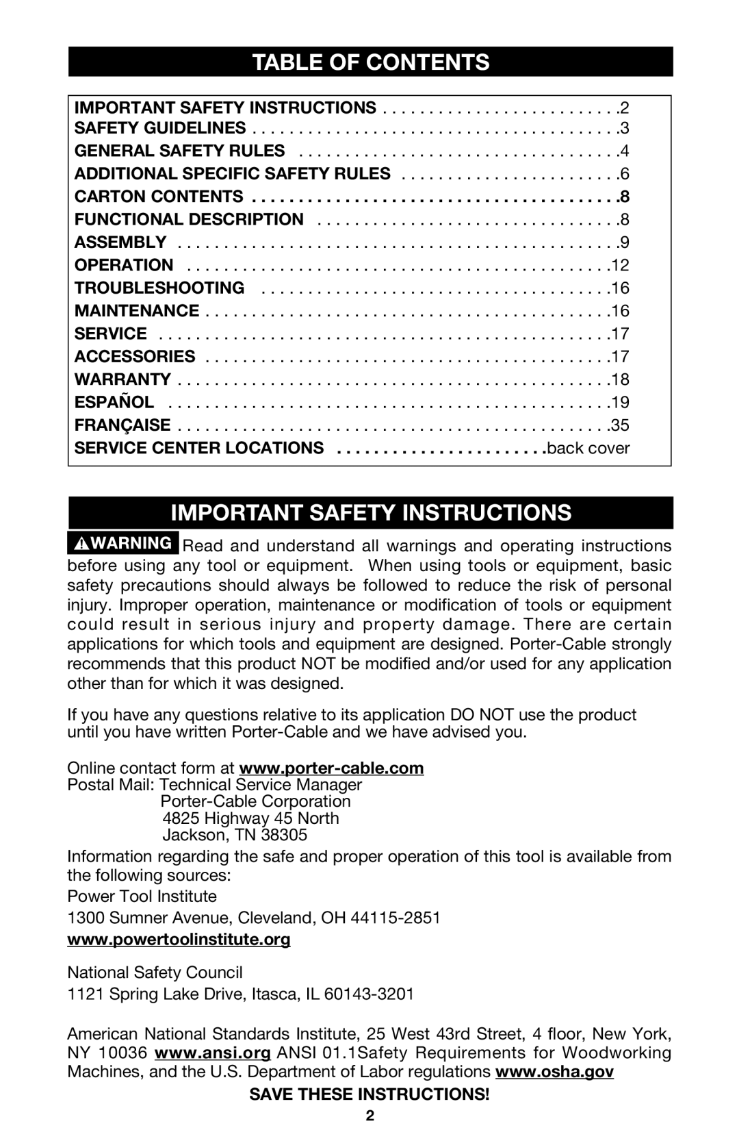 Porter-Cable 7538 instruction manual Table of Contents, Important Safety Instructions 