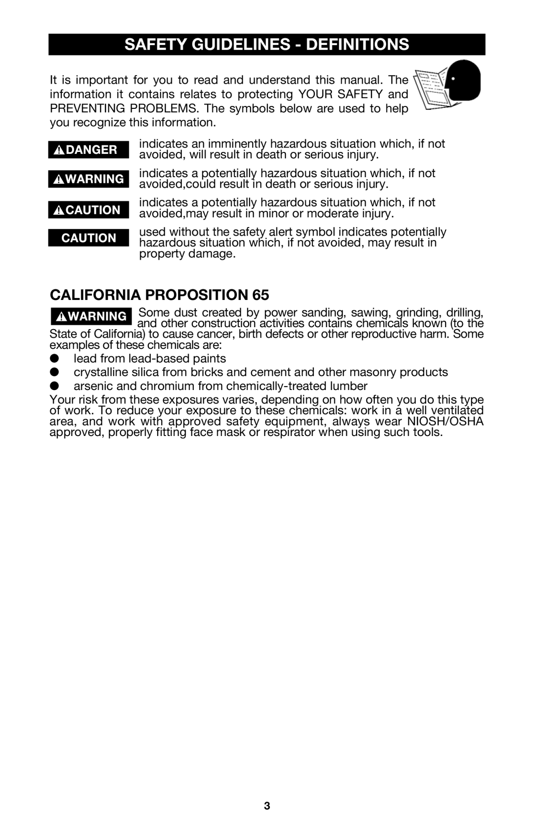 Porter-Cable 7538 instruction manual Safety Guidelines Definitions, California Proposition 