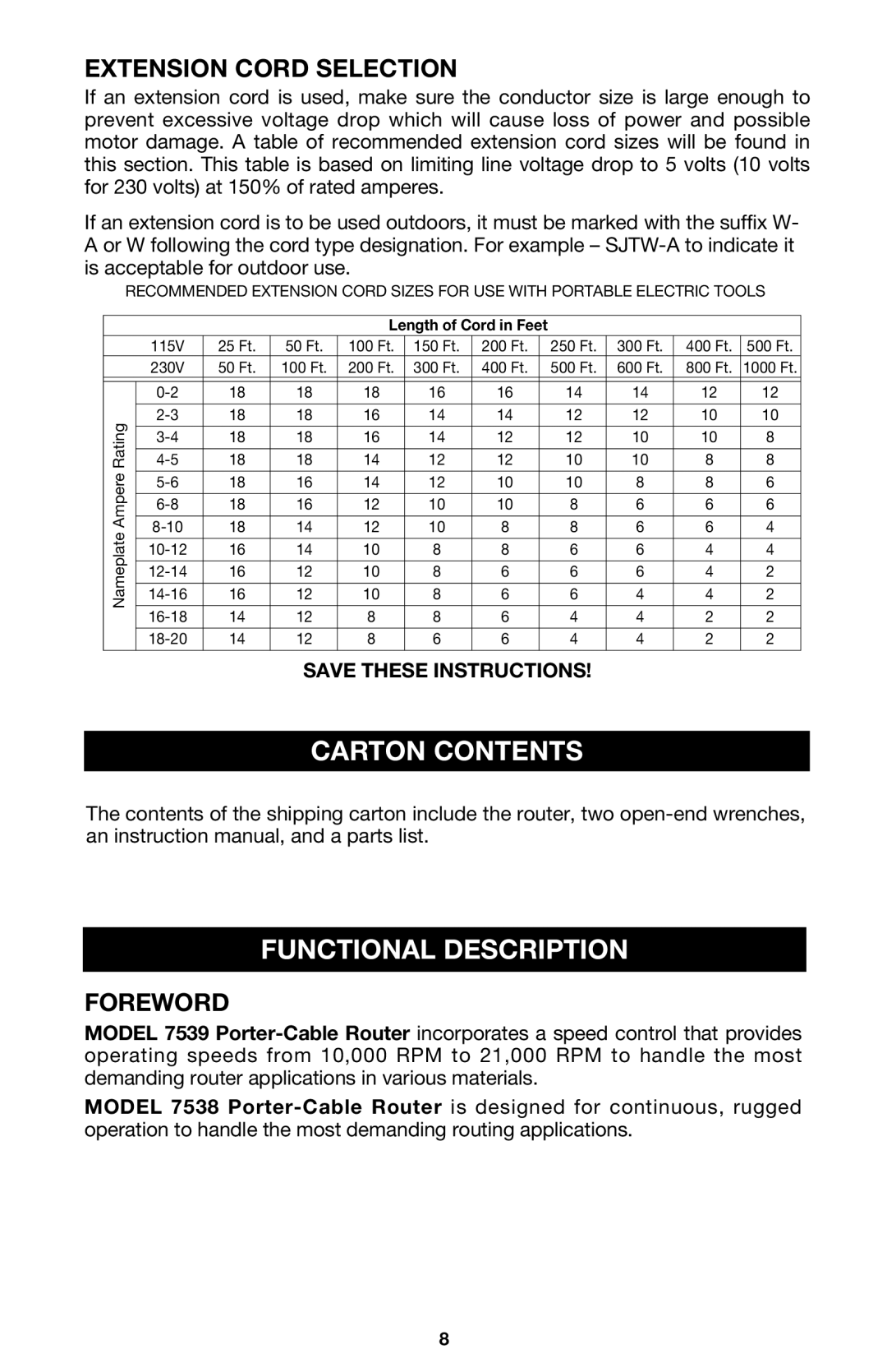 Porter-Cable 7538 instruction manual Carton Contents Functional Description 