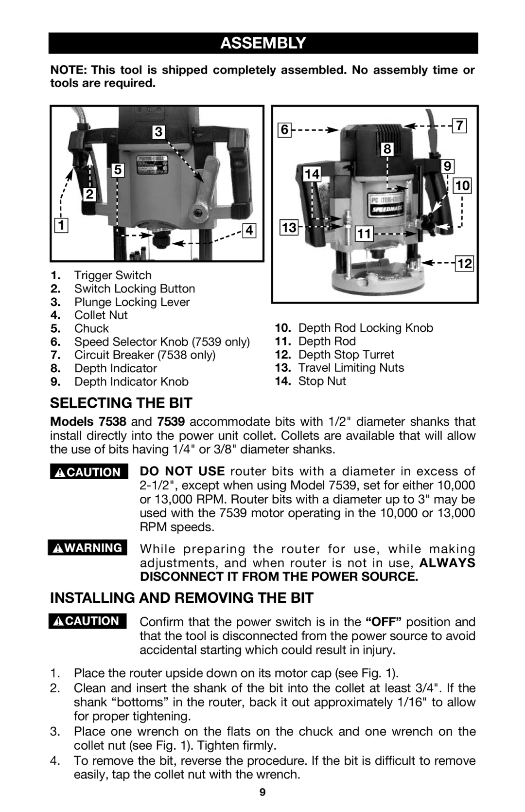 Porter-Cable 7538 instruction manual Assembly, Selecting the BIT, Installing and Removing the BIT 