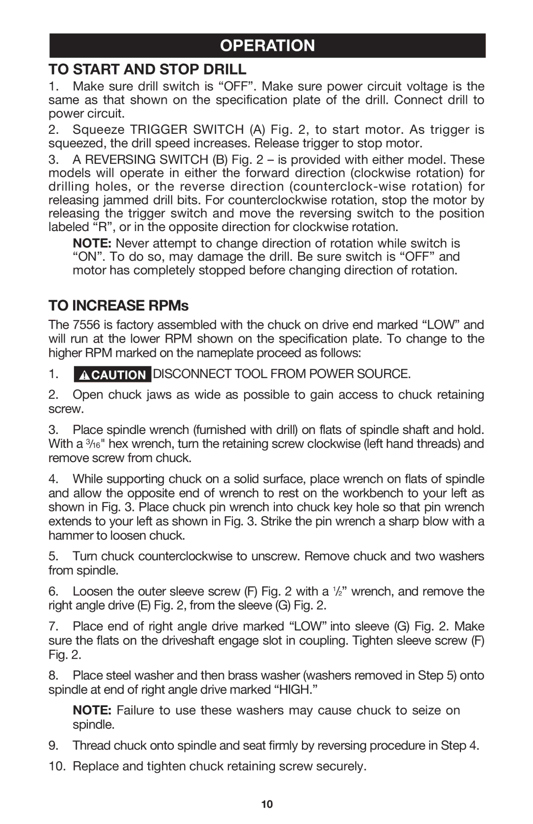 Porter-Cable 7556 instruction manual Operation, To Start and Stop Drill 