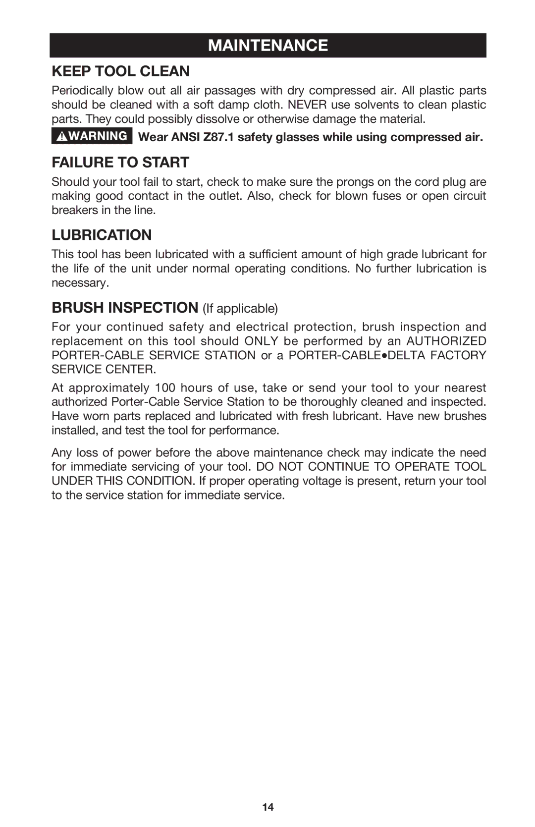 Porter-Cable 7556 instruction manual Maintenance, Keep Tool Clean, Failure to Start, Lubrication 