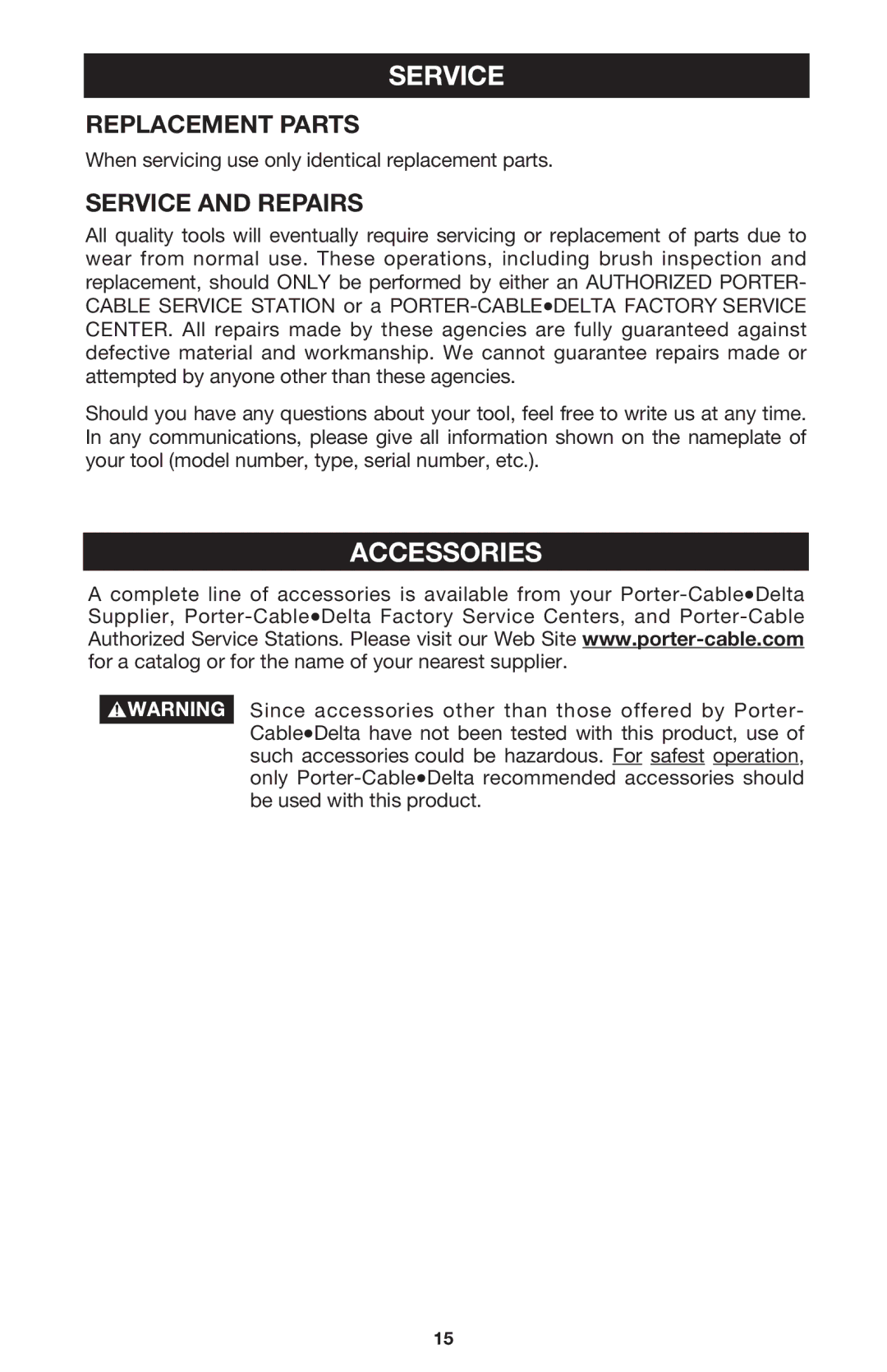 Porter-Cable 7556 instruction manual Accessories, Replacement Parts, Service and Repairs 