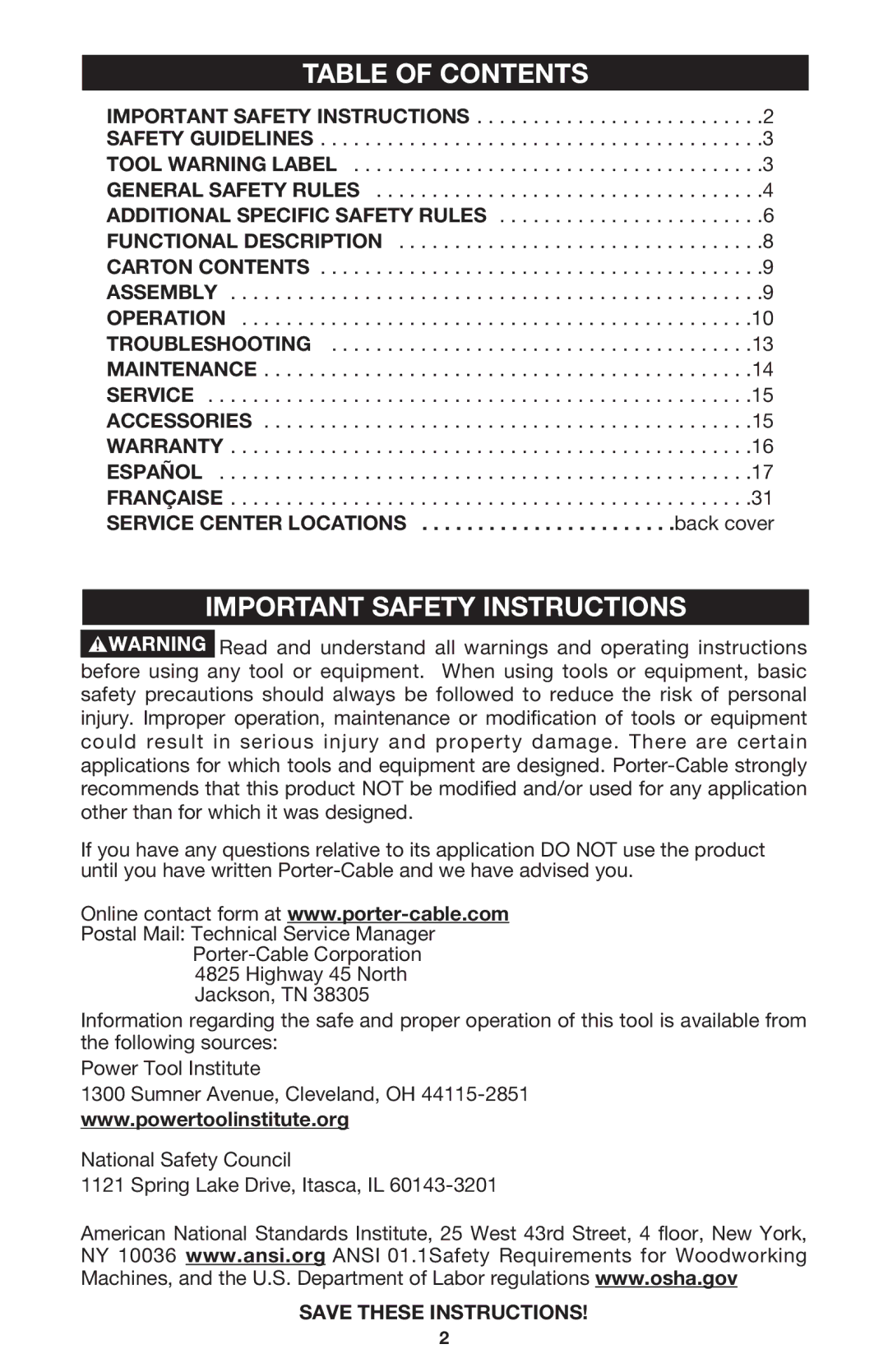 Porter-Cable 7556 instruction manual Table of Contents, Important Safety Instructions 