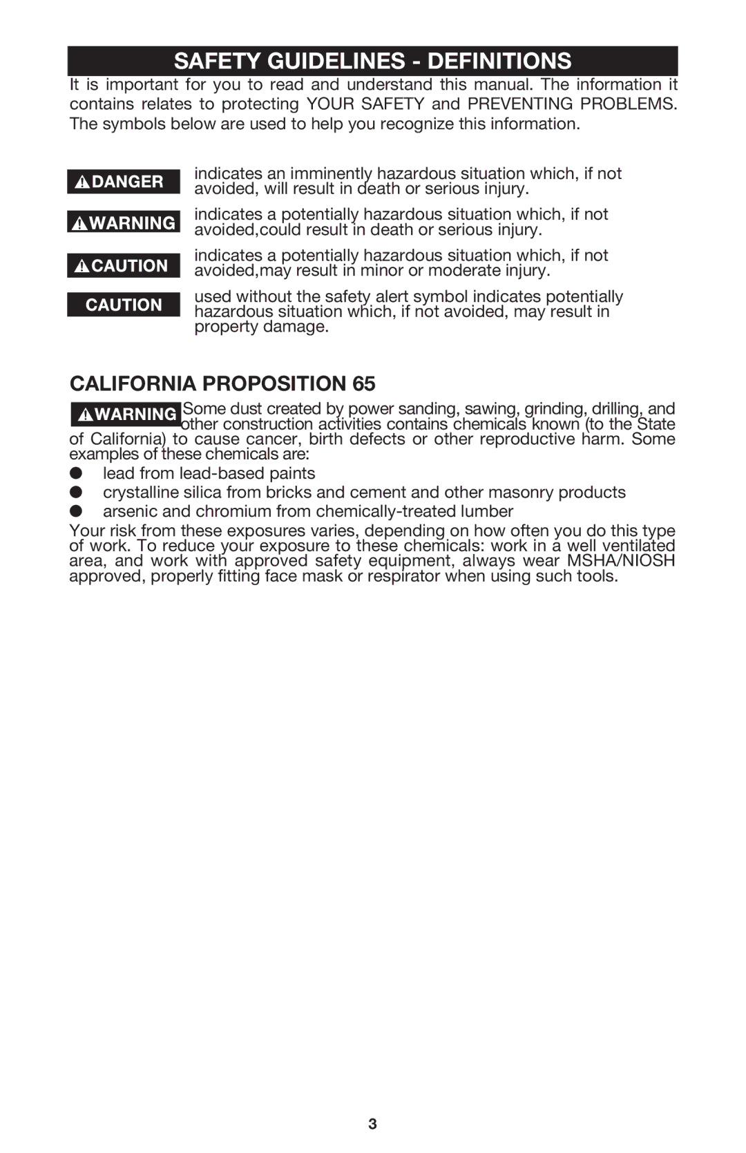 Porter-Cable 7556 instruction manual Safety Guidelines Definitions, California Proposition 