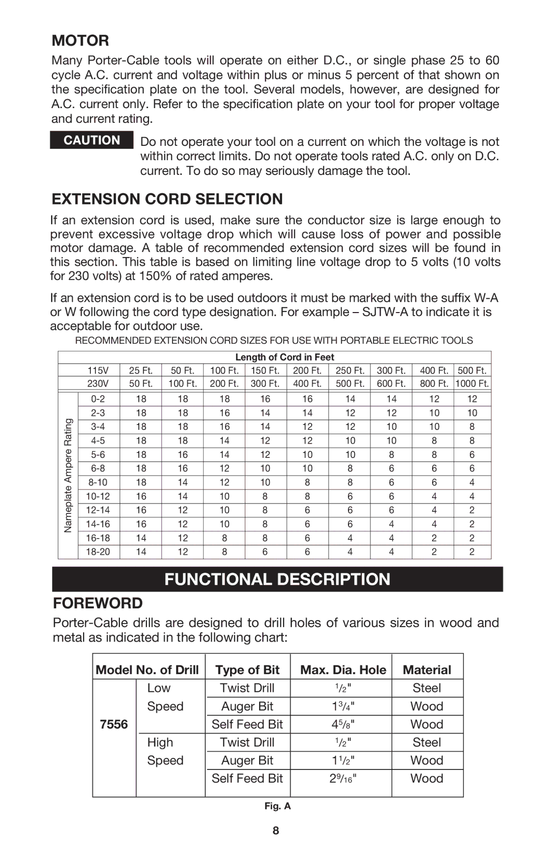 Porter-Cable 7556 instruction manual Functional Description, Motor, Extension Cord Selection, Foreword 