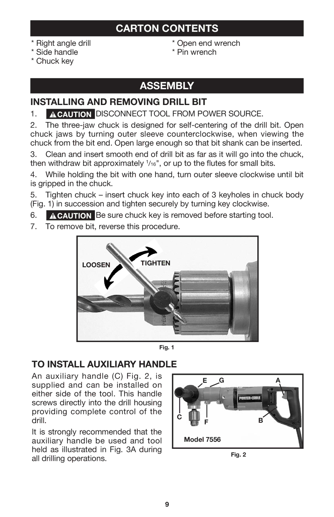 Porter-Cable 7556 Carton Contents, Assembly, Installing and Removing Drill BIT, To Install Auxiliary Handle 