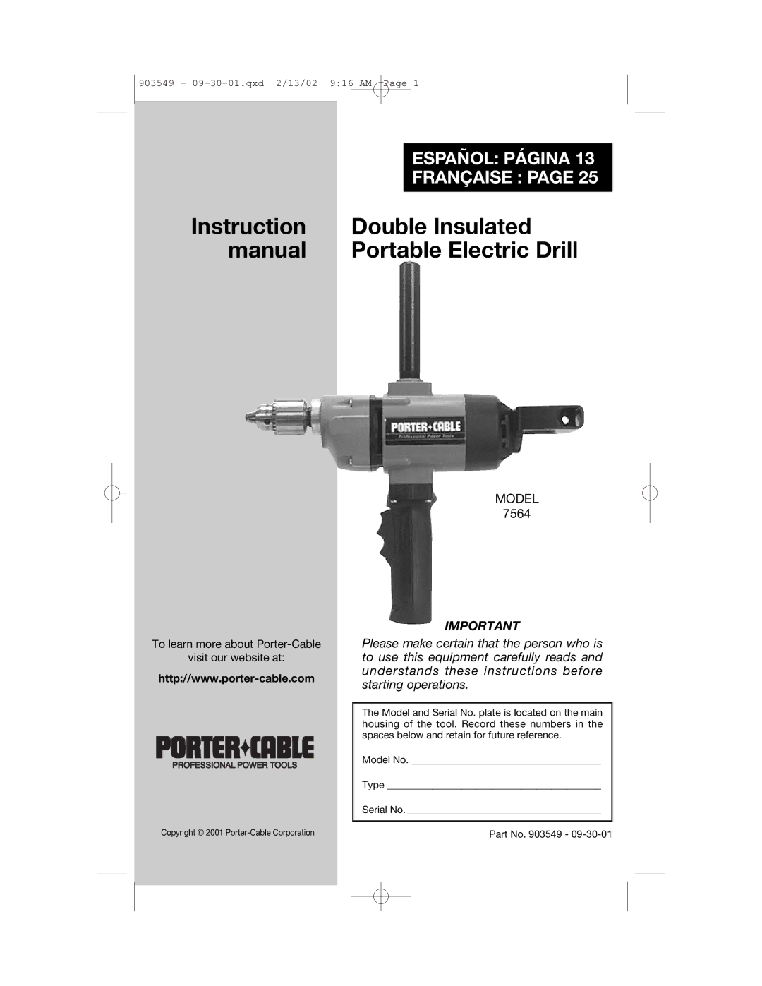 Porter-Cable 7564 instruction manual Double Insulated 