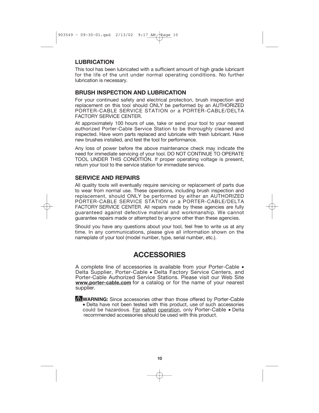 Porter-Cable 7564 instruction manual Accessories, Brush Inspection and Lubrication, Service and Repairs 