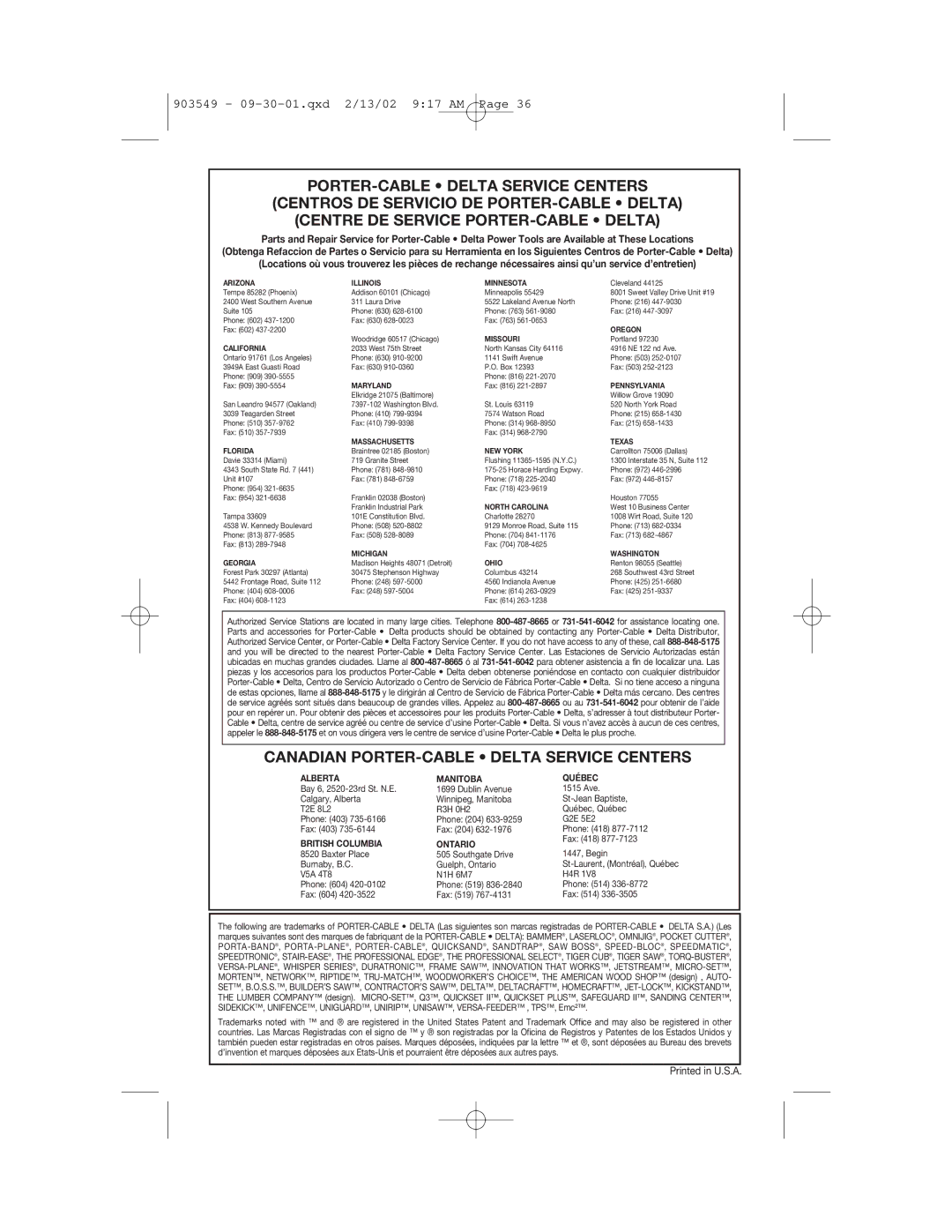 Porter-Cable 7564 instruction manual Canadian PORTER-CABLE Delta Service Centers 