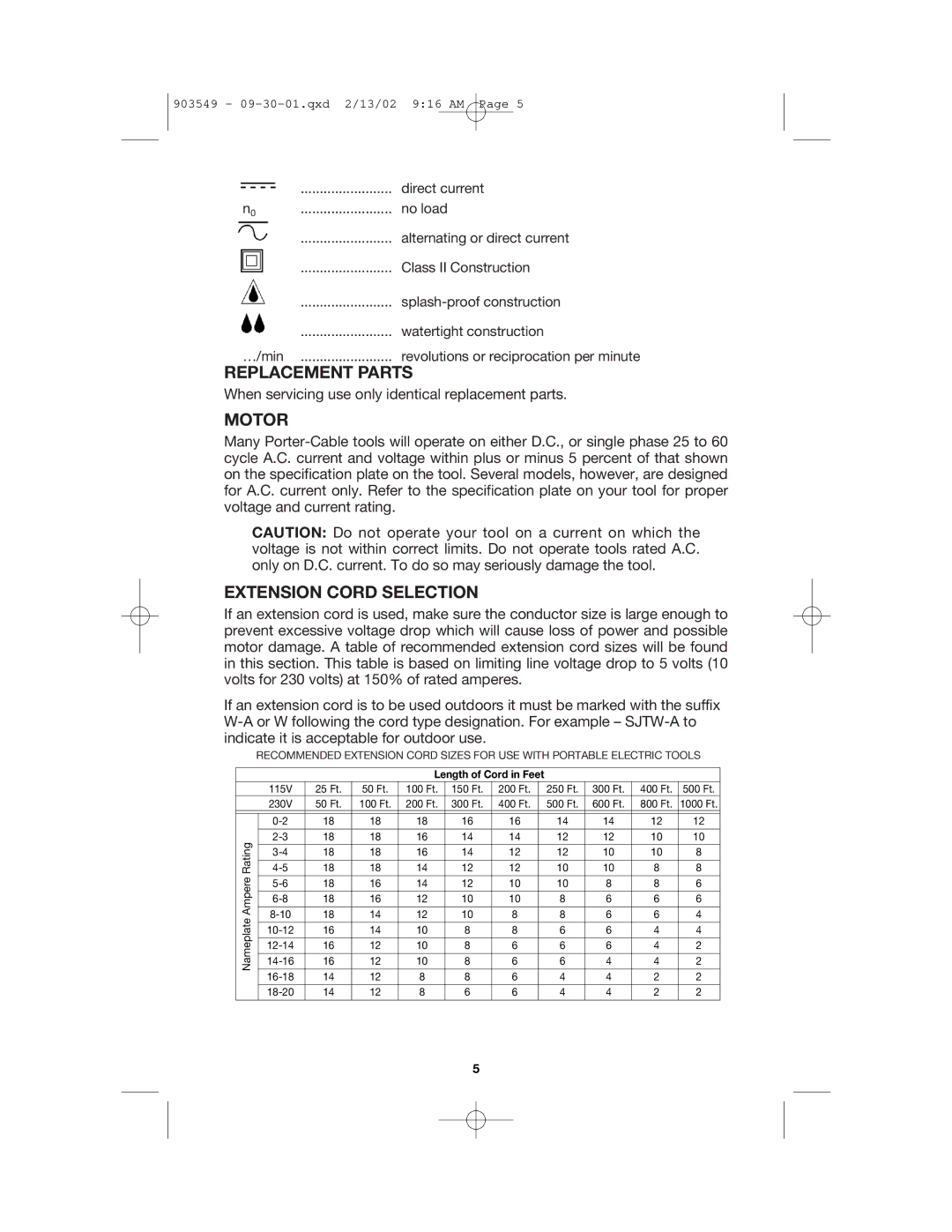 Porter-Cable 7564 instruction manual Replacement Parts, Motor, Extension Cord Selection 