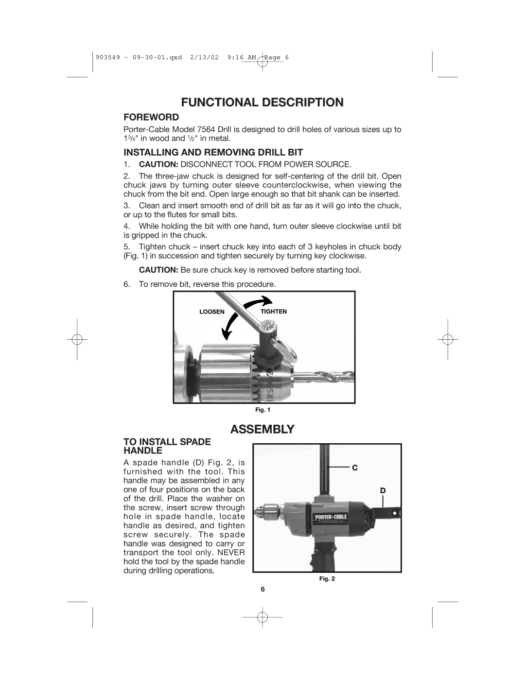 Porter-Cable 7564 Functional Description, Assembly, Foreword, Installing and Removing Drill BIT, To Install Spade Handle 