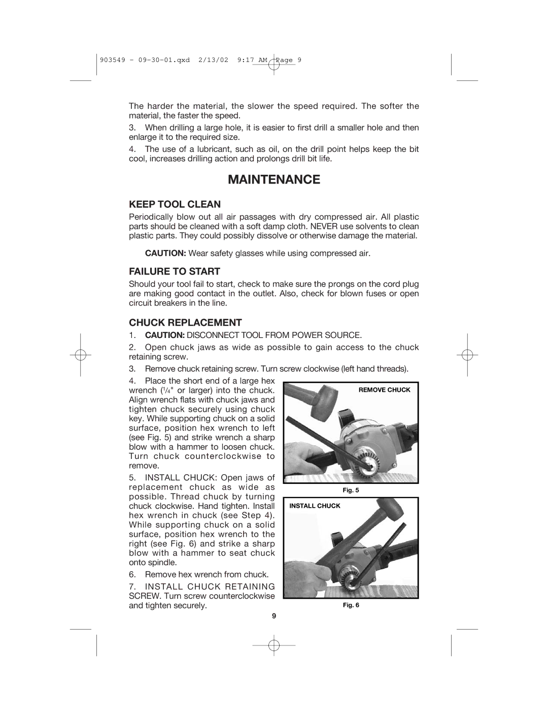 Porter-Cable 7564 instruction manual Maintenance, Keep Tool Clean, Failure to Start, Chuck Replacement 