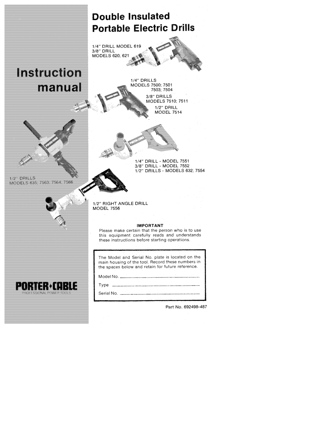 Porter-Cable 7552, 7566, 7514, 7500, 7554, 7503, 7563, 7511, 7504, 7501, 7551, 632, 635, 619, 621, 620 manual 