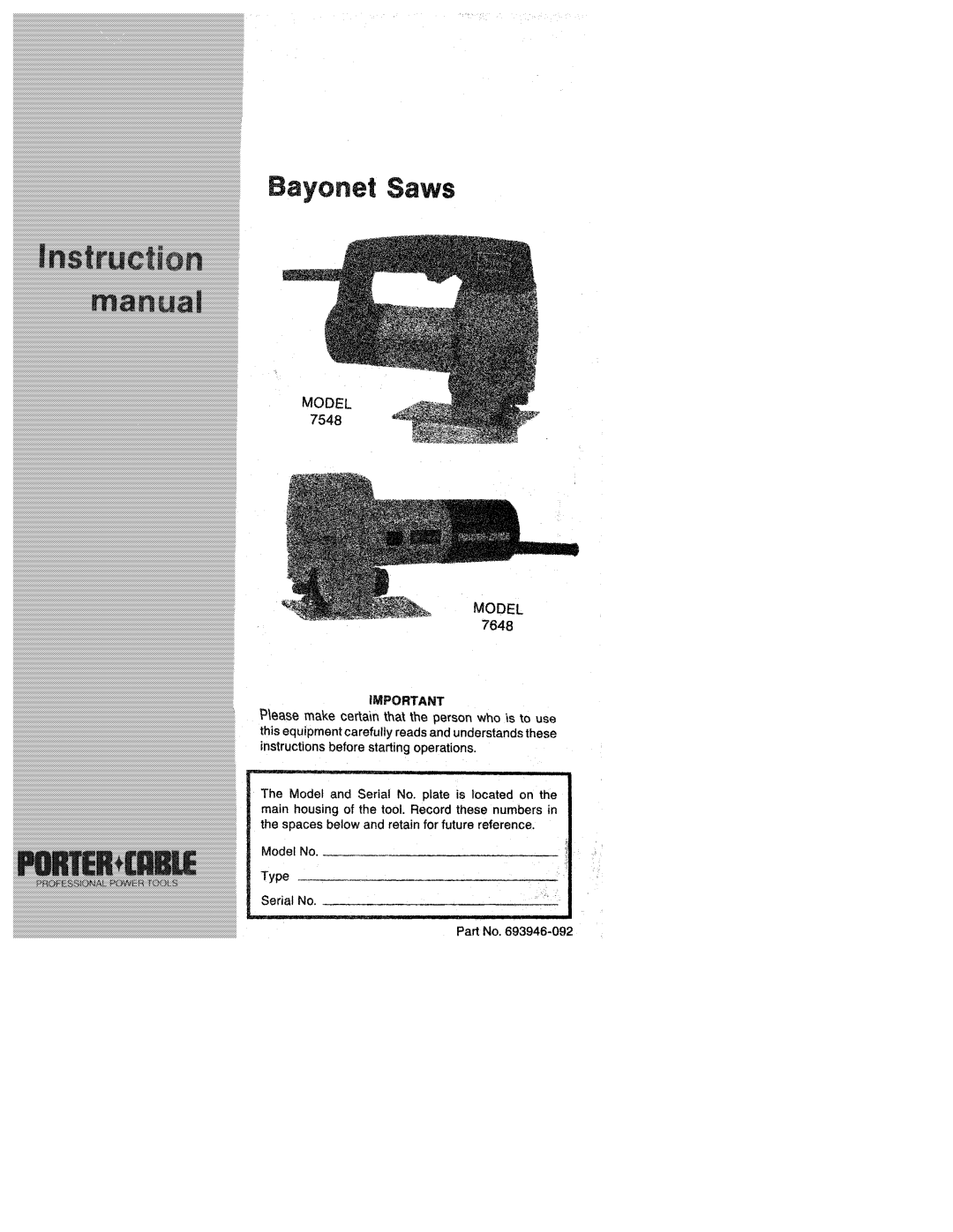 Porter-Cable 7548, 7648 manual 