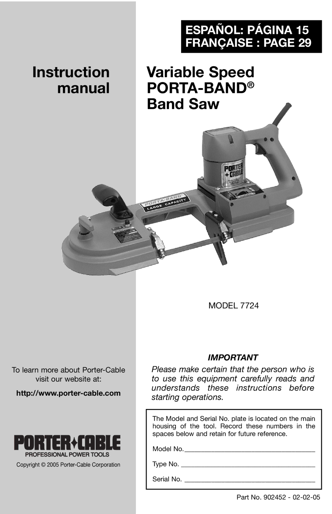 Porter-Cable 7724 instruction manual Instruction Variable Speed Manual PORTA-BAND Band Saw 