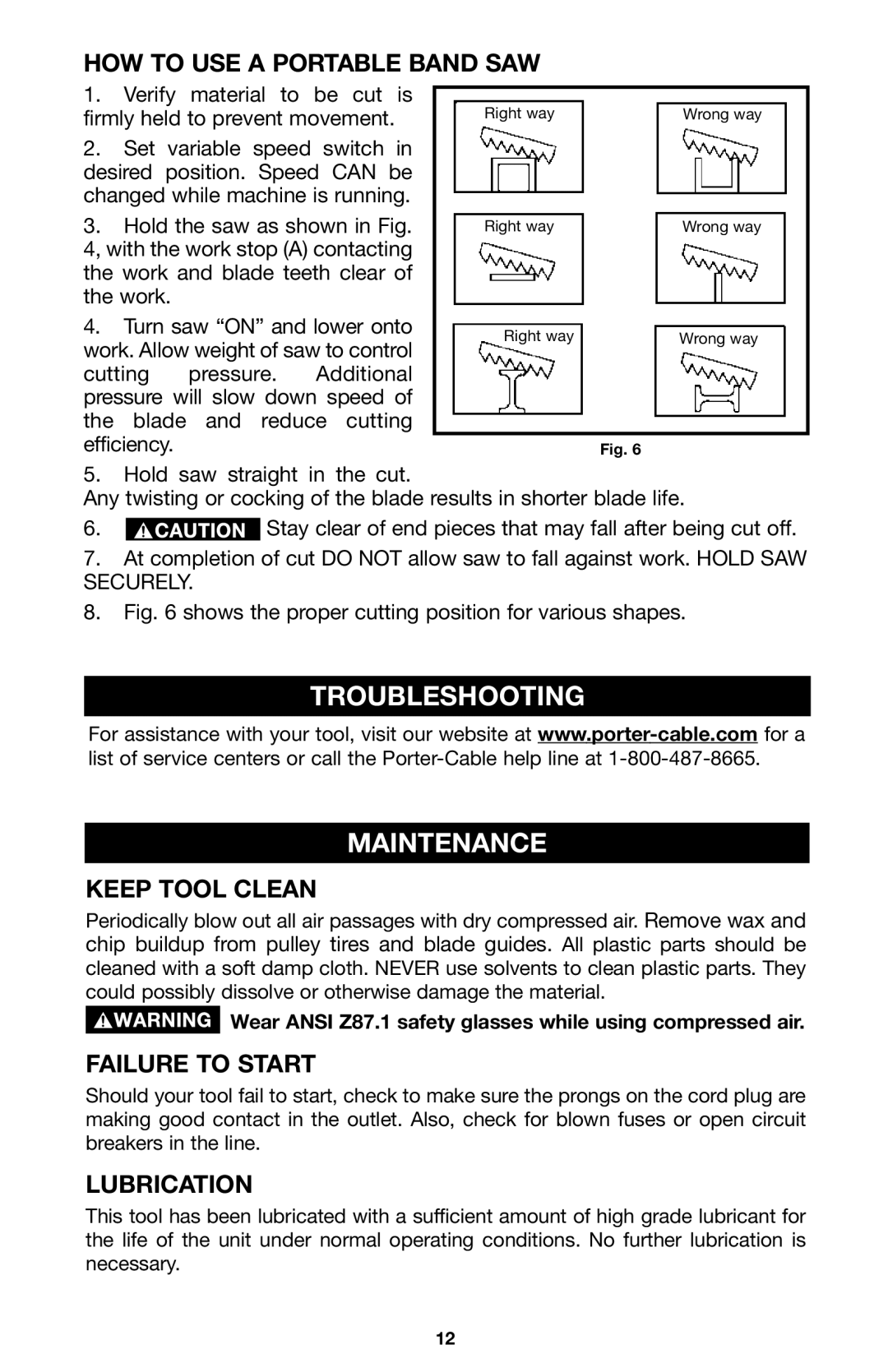 Porter-Cable 7724 Troubleshooting Maintenance, HOW to USE a Portable Band SAW, Keep Tool Clean, Failure to Start 