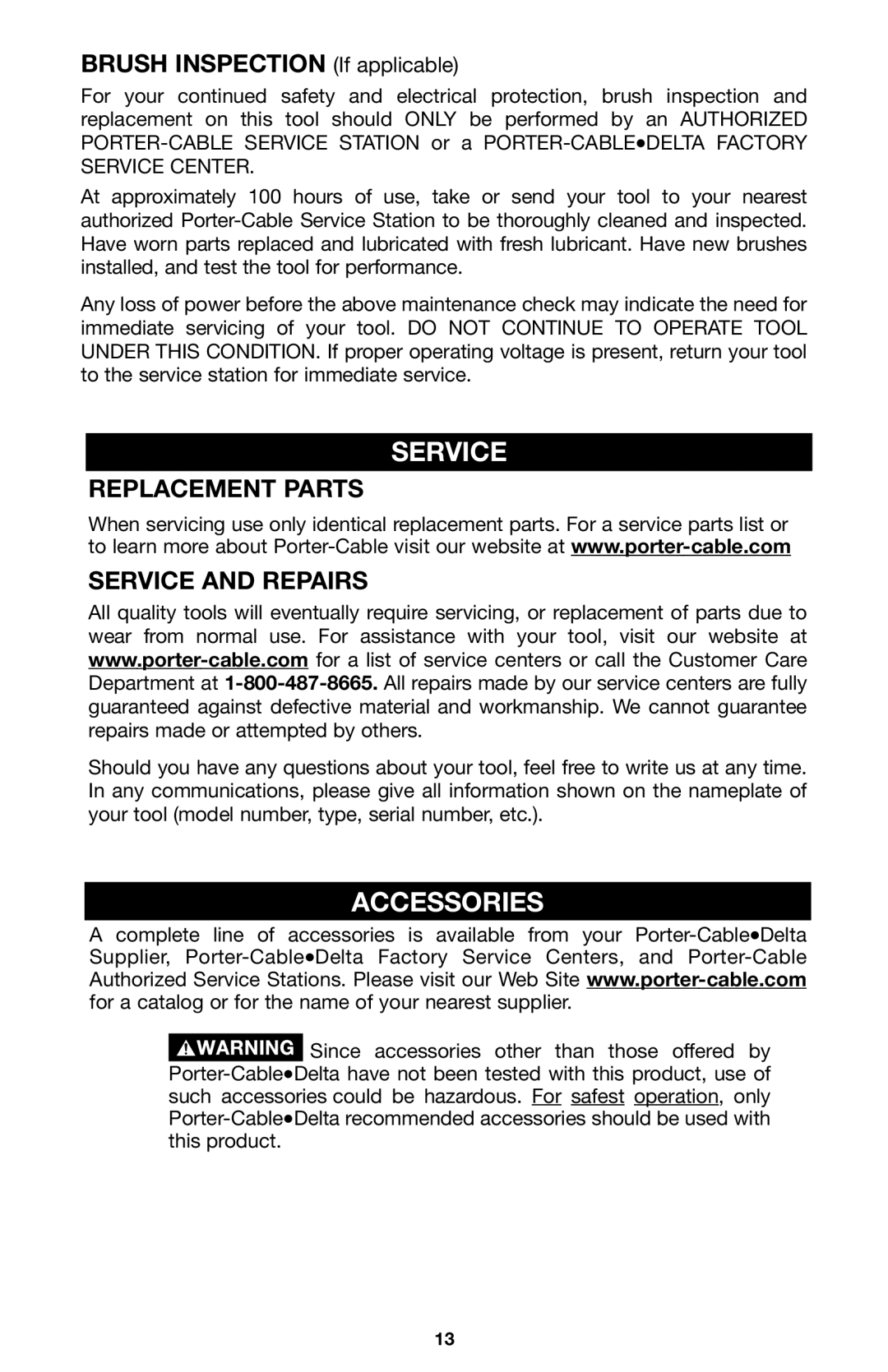 Porter-Cable 7724 instruction manual Accessories, Replacement Parts Service and Repairs 