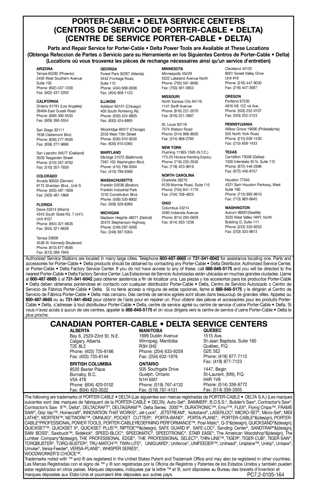 Porter-Cable 7724 instruction manual Canadian PORTER-CABLE Delta Service Centers 