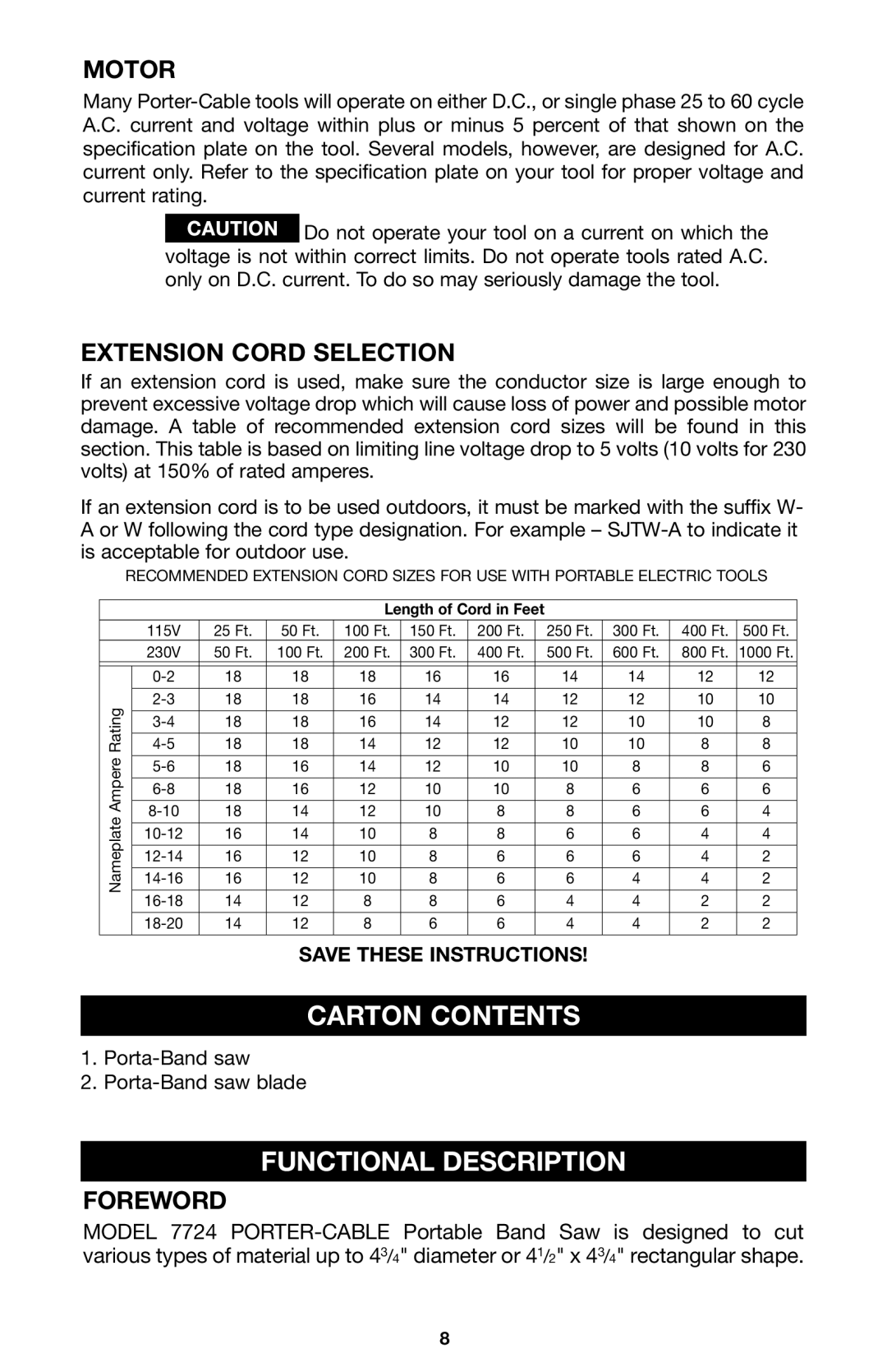 Porter-Cable 7724 instruction manual Carton Contents, Functional Description, Motor, Extension Cord Selection, Foreword 