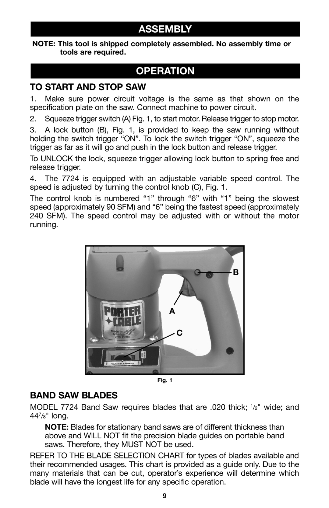 Porter-Cable 7724 instruction manual Assembly Operation, To Start and Stop SAW, Band SAW Blades 