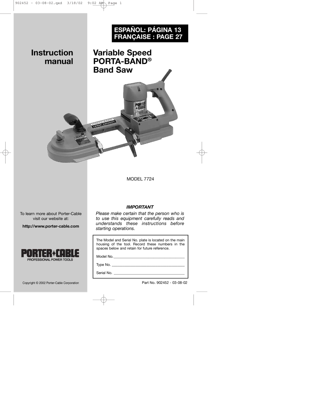 Porter-Cable 7724 instruction manual Instruction Variable Speed Manual PORTA-BAND Band Saw 