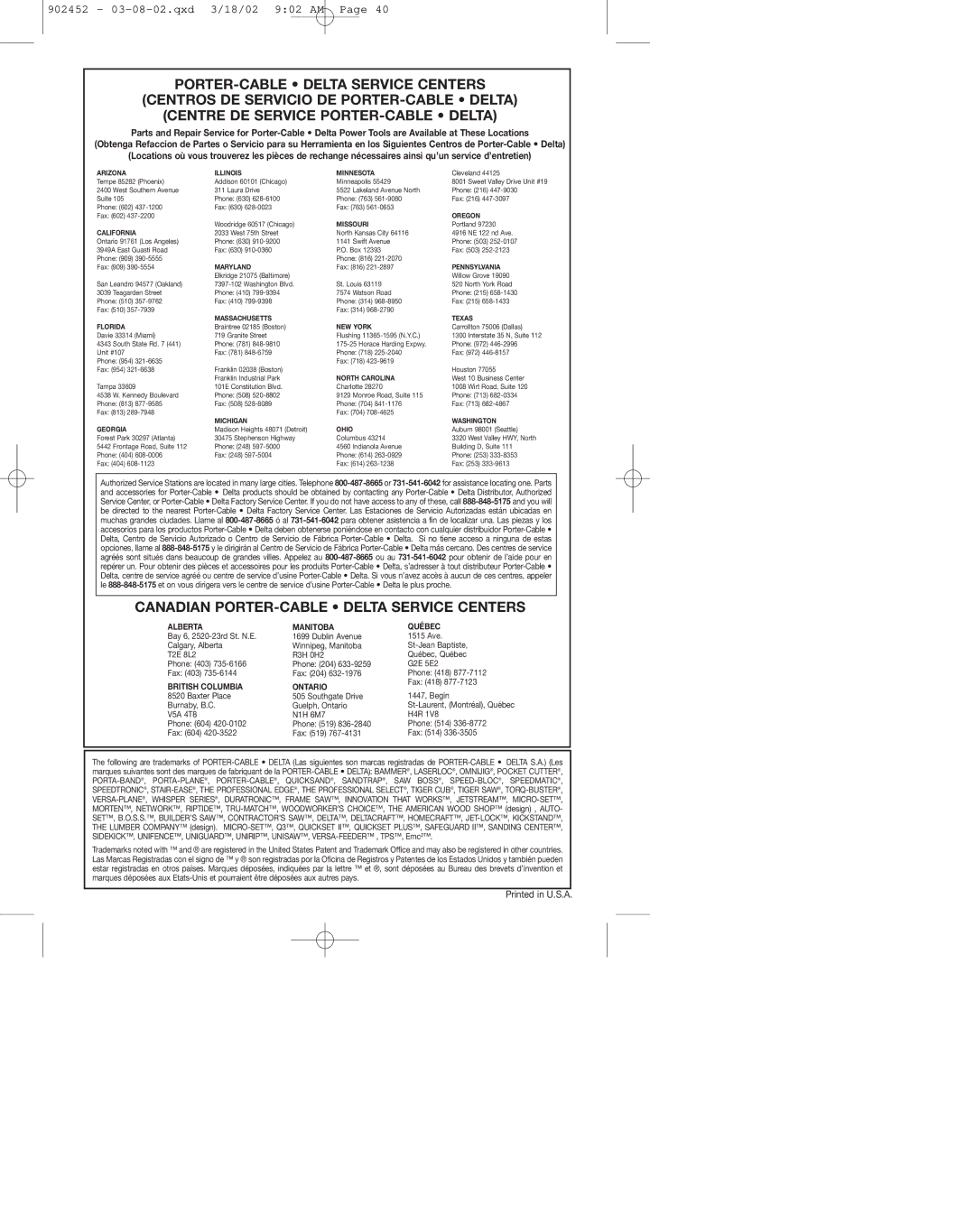 Porter-Cable 7724 instruction manual Canadian PORTER-CABLE Delta Service Centers 