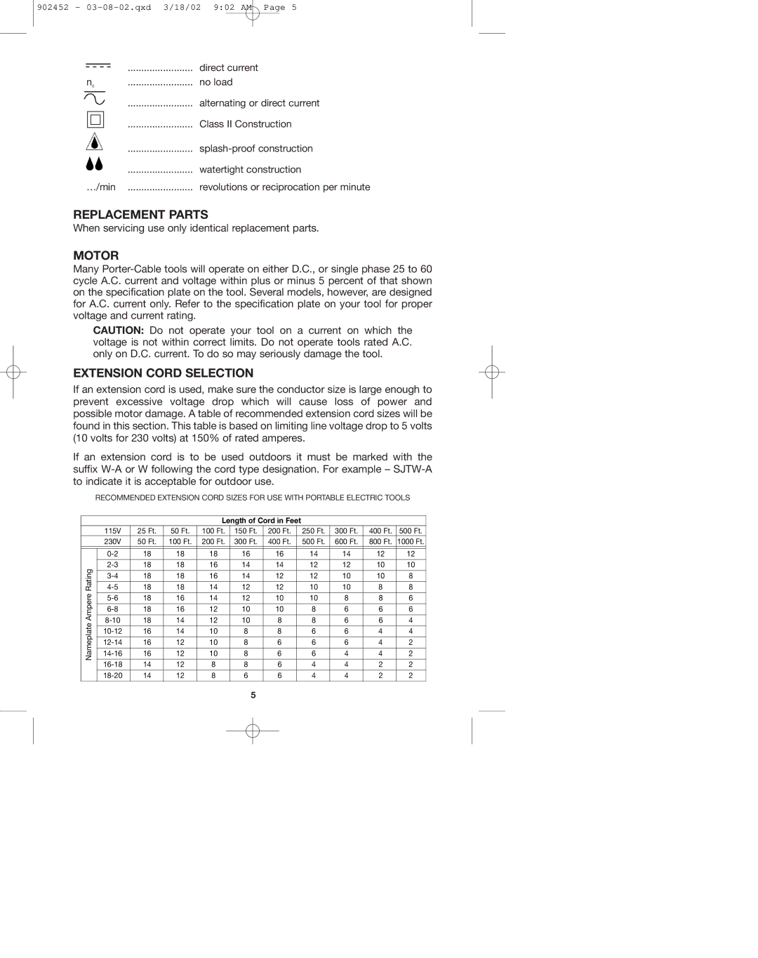 Porter-Cable 7724 instruction manual Replacement Parts, Motor, Extension Cord Selection 