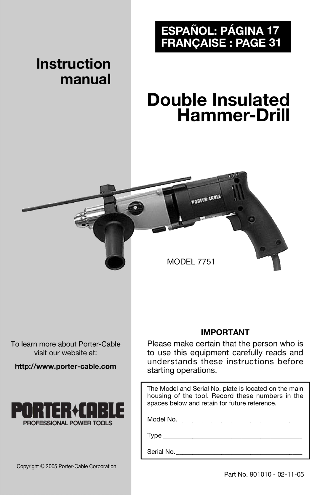 Porter-Cable 7751 instruction manual Double Insulated Hammer-Drill 