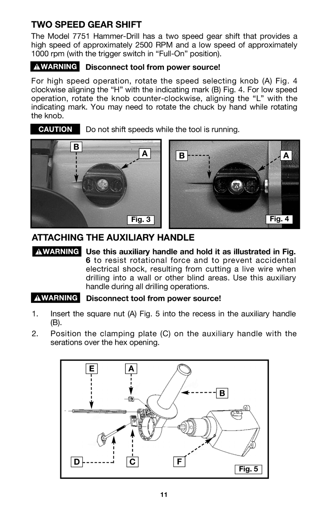 Porter-Cable 7751 instruction manual TWO Speed Gear Shift, Attaching the Auxiliary Handle 