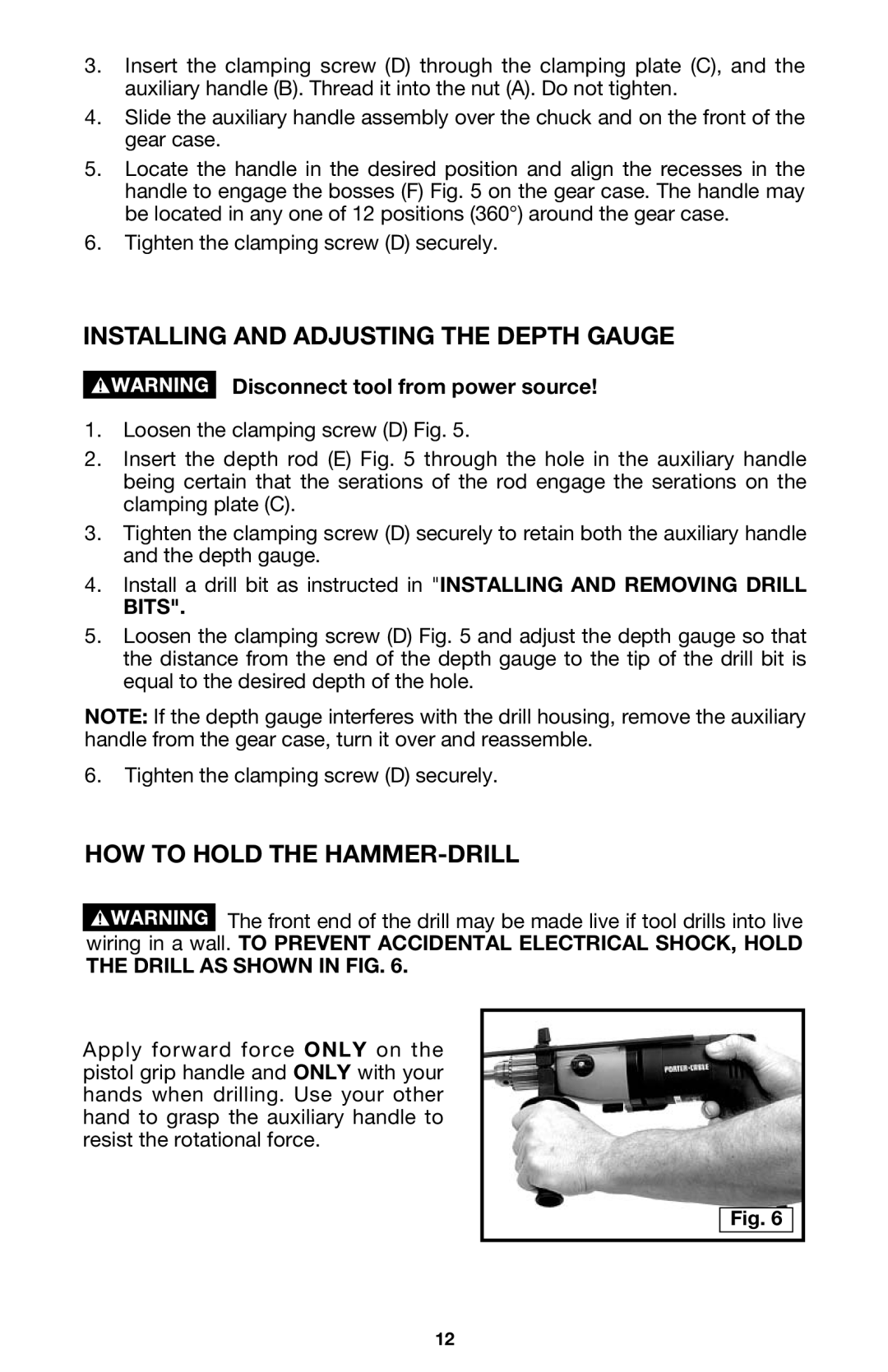 Porter-Cable 7751 instruction manual Installing and Adjusting the Depth Gauge, HOW to Hold the HAMMER-DRILL 