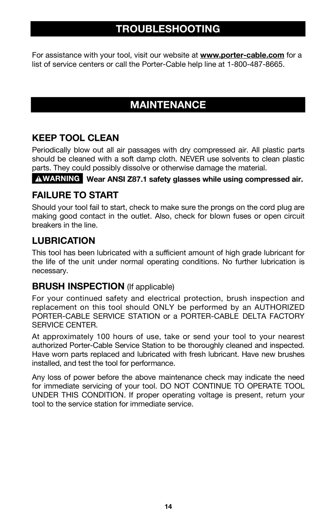 Porter-Cable 7751 instruction manual Troubleshooting Maintenance, Keep Tool Clean, Failure to Start, Lubrication 