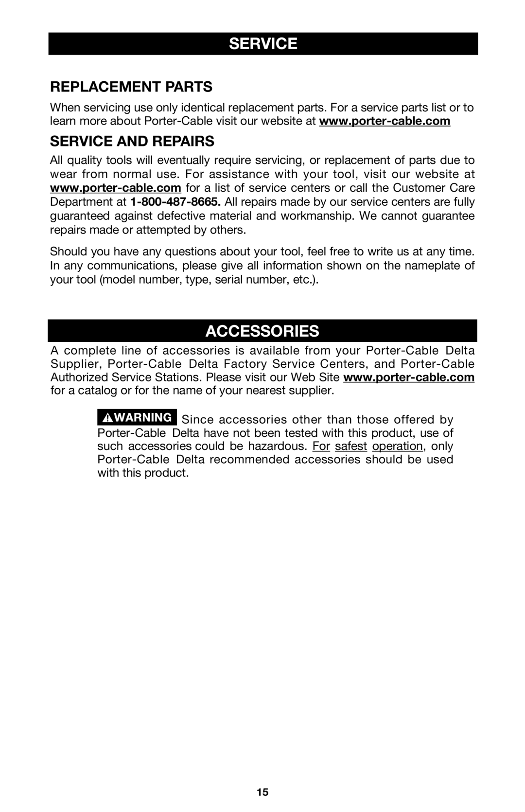 Porter-Cable 7751 instruction manual Accessories, Replacement Parts Service and Repairs 