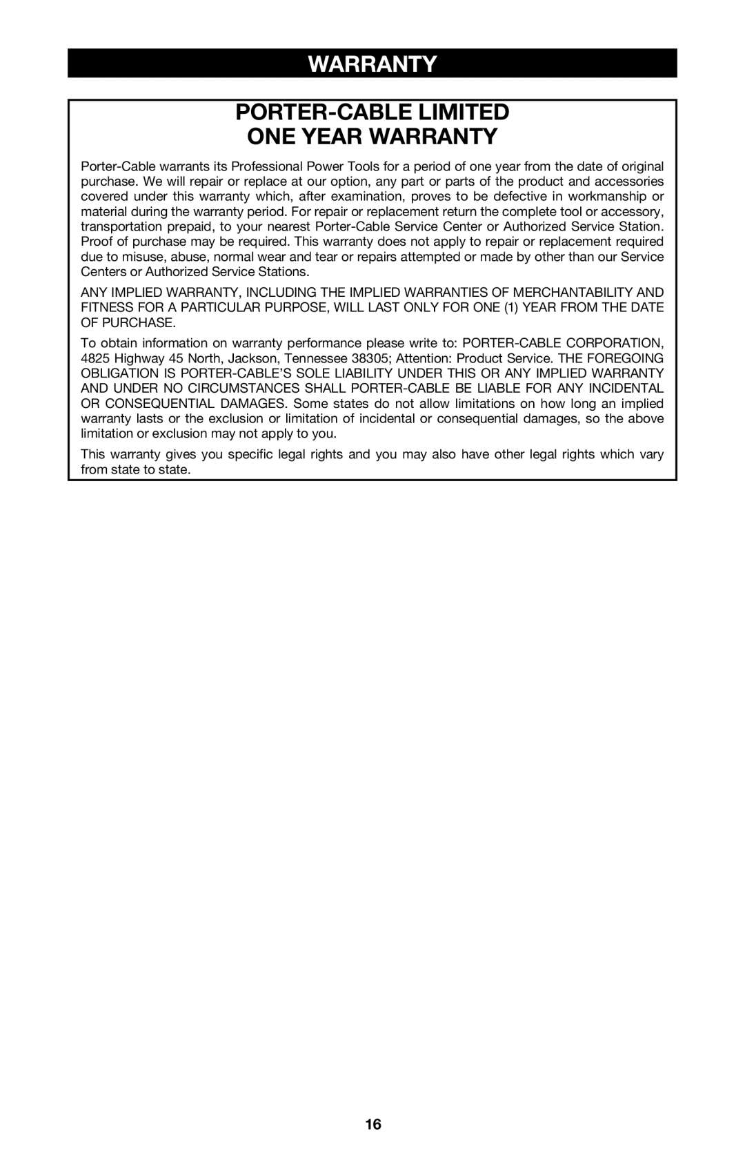 Porter-Cable 7751 instruction manual PORTER-CABLE Limited ONE Year Warranty 