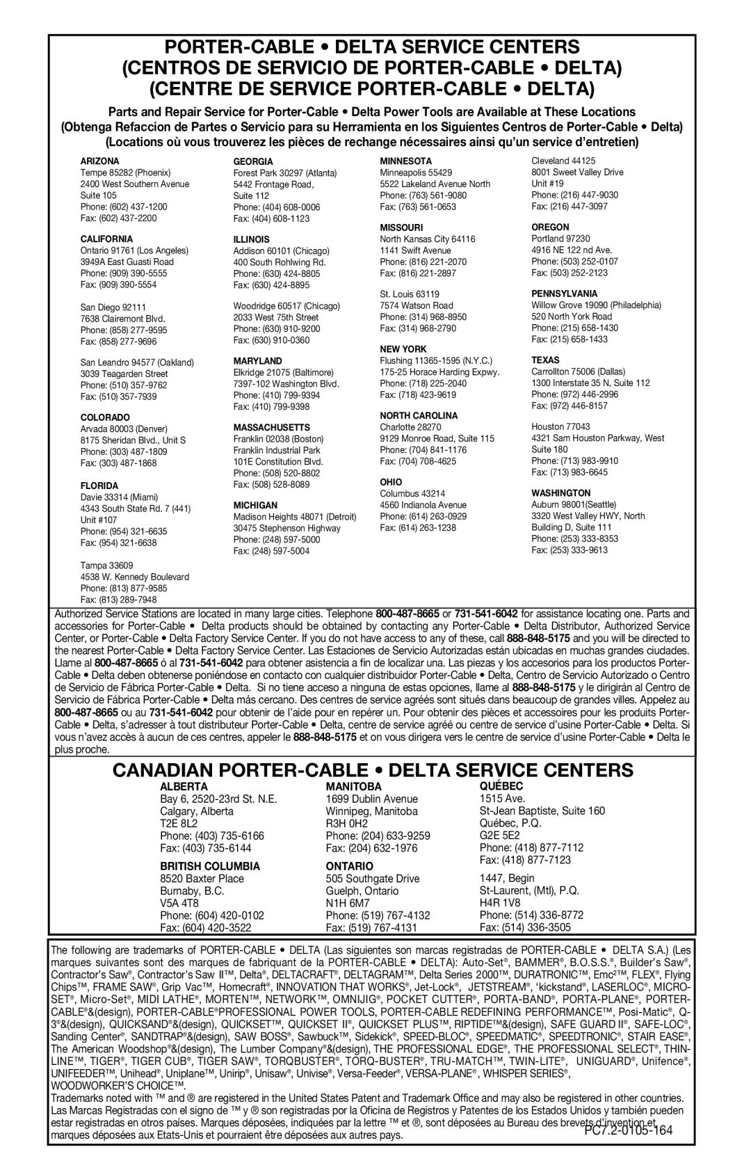 Porter-Cable 7751 instruction manual Canadian PORTER-CABLE Delta Service Centers 