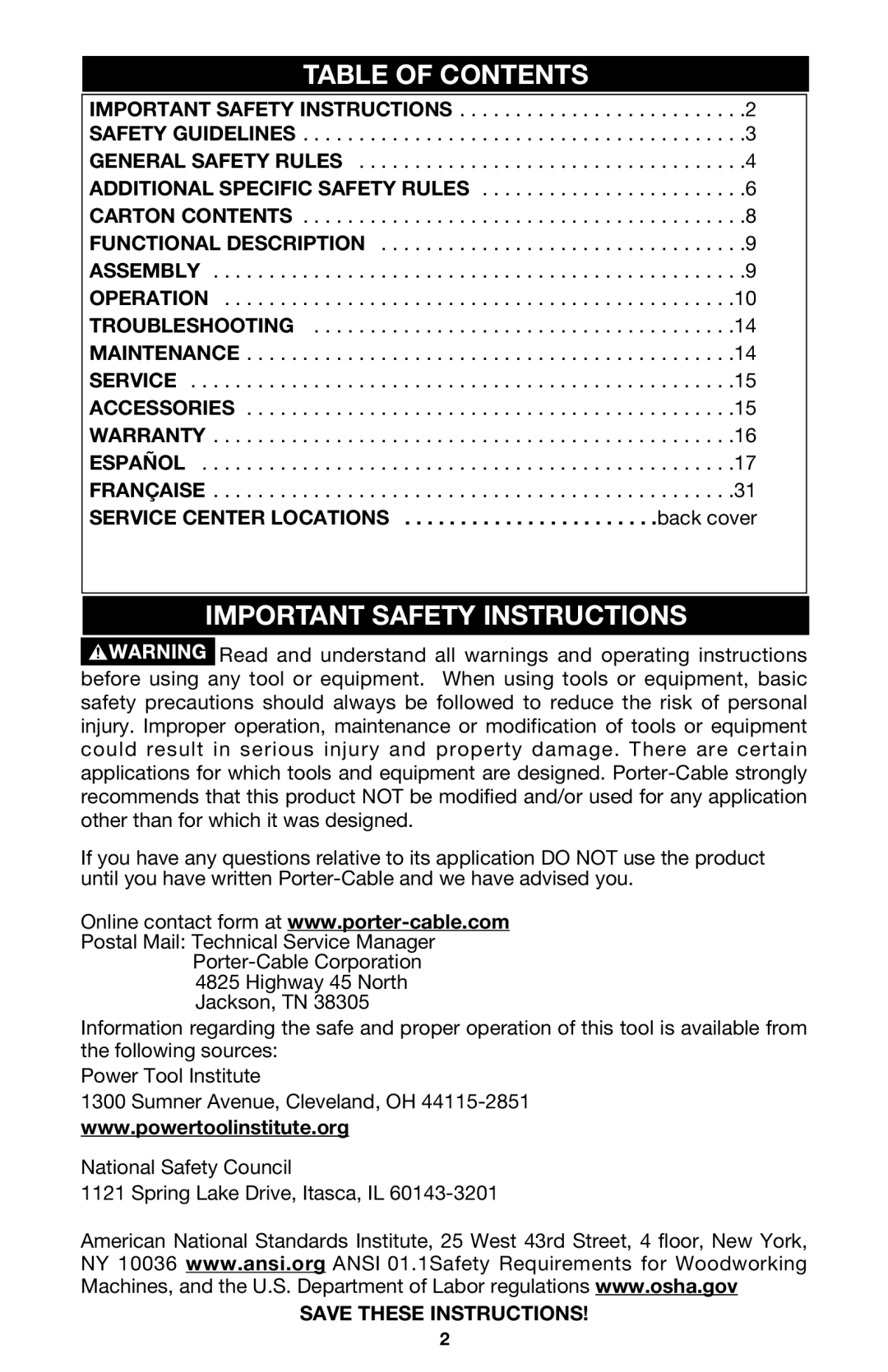 Porter-Cable 7751 instruction manual Table of Contents, Important Safety Instructions 