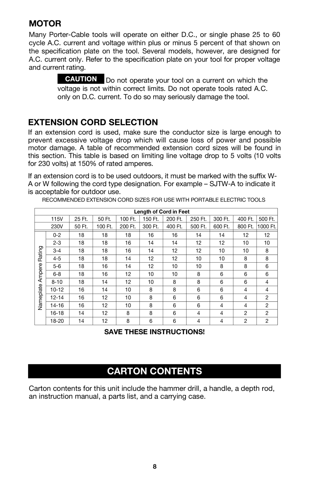 Porter-Cable 7751 instruction manual Carton Contents, Motor, Extension Cord Selection 