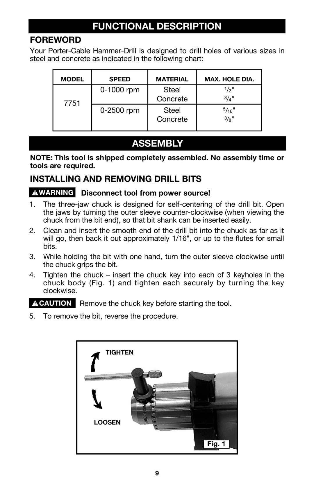 Porter-Cable 7751 instruction manual Functional Description, Assembly, Foreword, Installing and Removing Drill Bits 