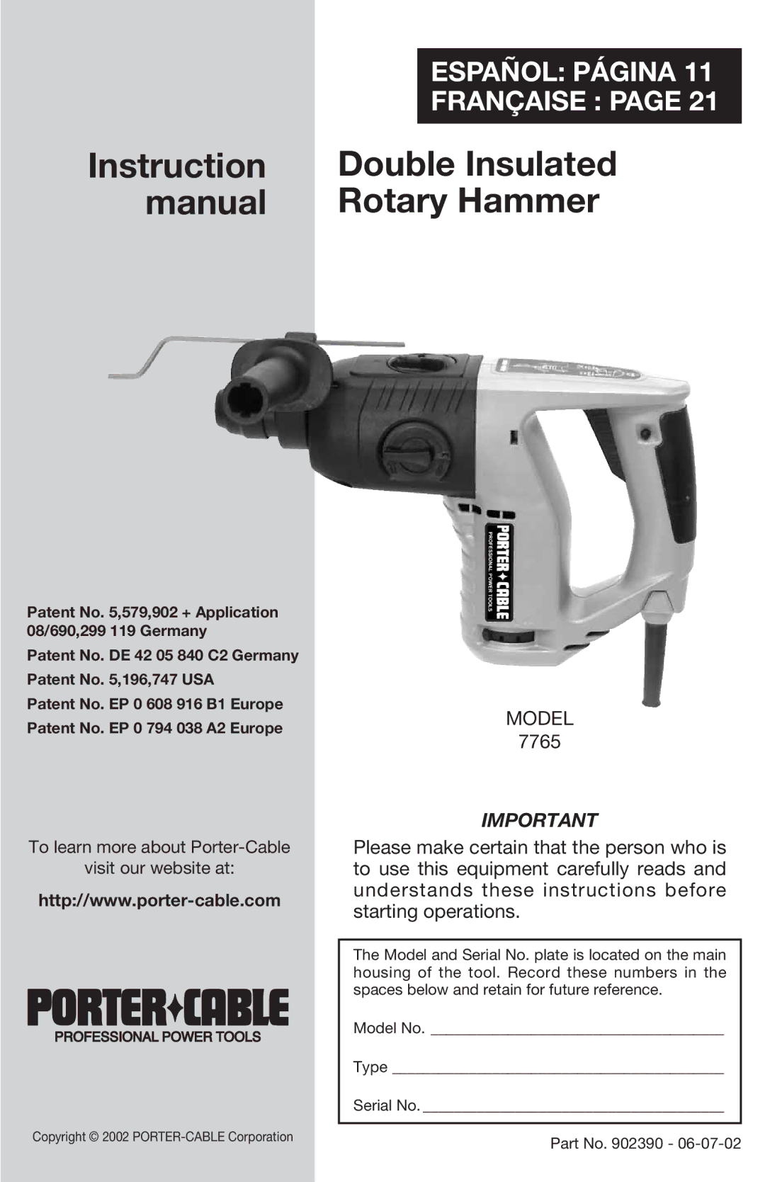 Porter-Cable 7765 instruction manual Instruction Double Insulated manual Rotary Hammer 