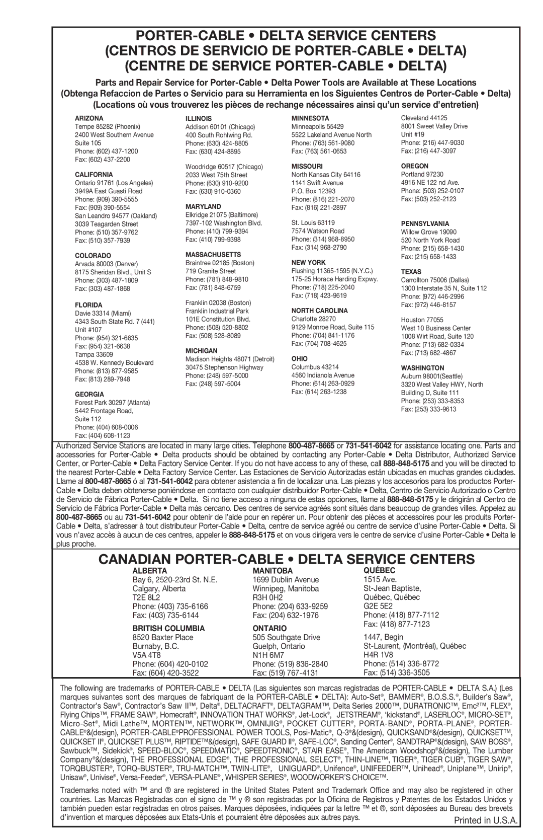 Porter-Cable 7765 instruction manual Canadian PORTER-CABLE Delta Service Centers 