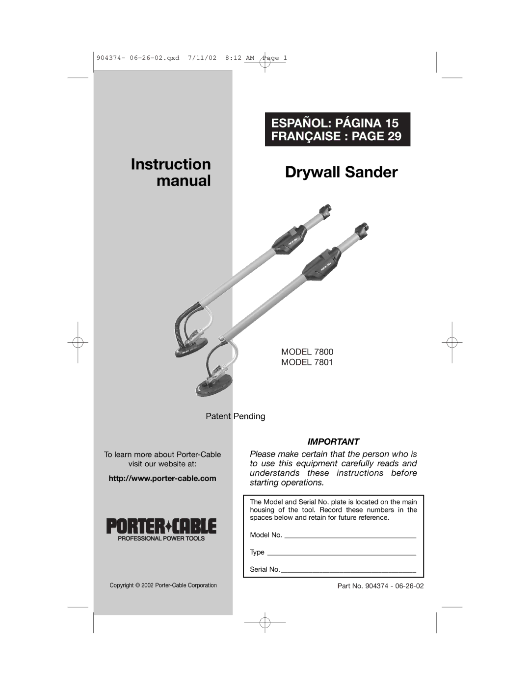 Porter-Cable 7800, 7801 instruction manual Drywall Sander 