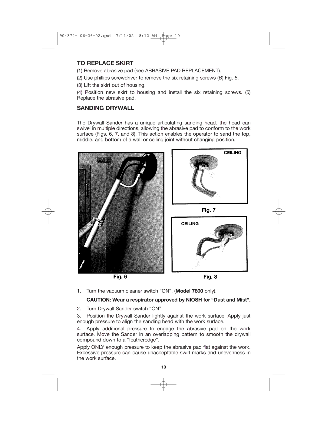 Porter-Cable 7801, 7800 instruction manual To Replace Skirt, Sanding Drywall 